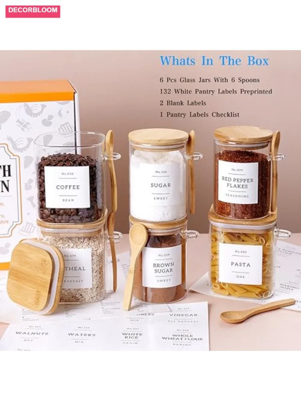 6-Pack Glass Jars with Bamboo Lid and Spoons - 17oz/27oz Airtight Food Storage